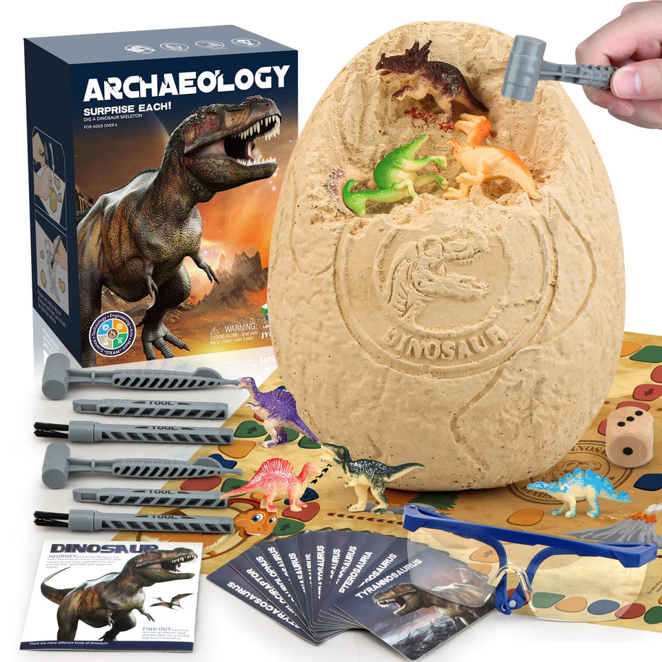 Woumserta Jumbo Dino Egg Dig Kit box preview showing outdoor excavation setup for kids.