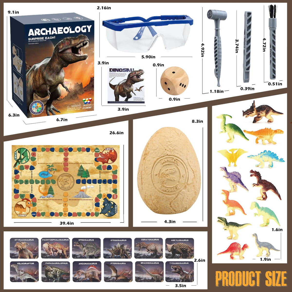 Woumserta Jumbo Dino Egg Dig Kit dinosaur cards spread for quick learning reference.