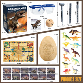 Woumserta Jumbo Dino Egg Dig Kit dinosaur cards spread for quick learning reference.