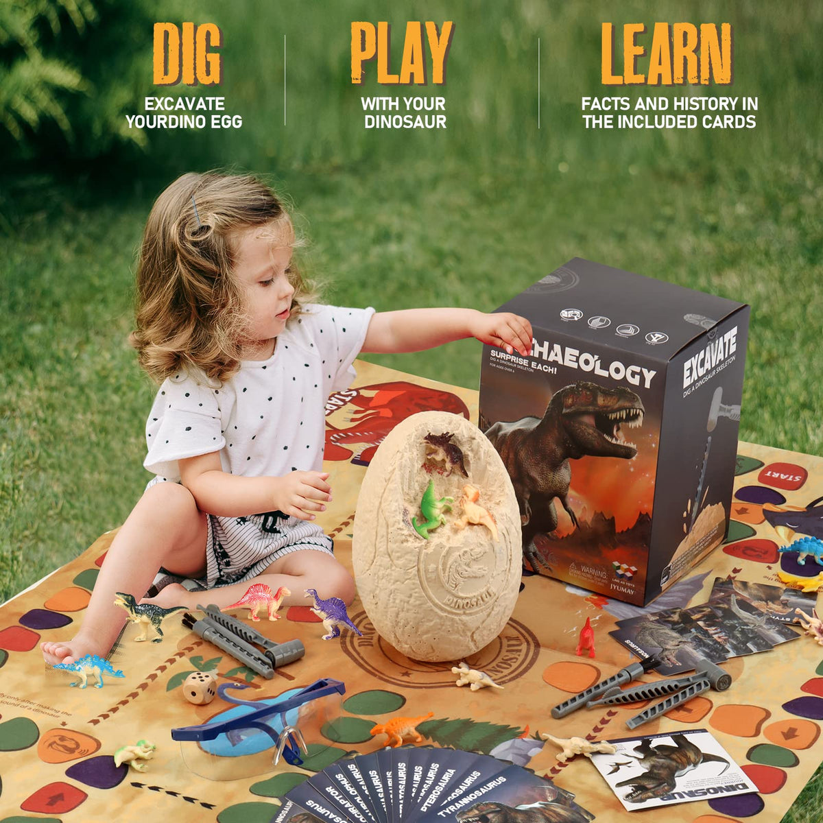 Woumserta Jumbo Dino Egg Dig Kit twelve dinosaur figures for imaginative play.