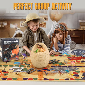 Woumserta Jumbo Dino Egg Dig Kit egg cut-open view revealing hidden dinosaurs inside.