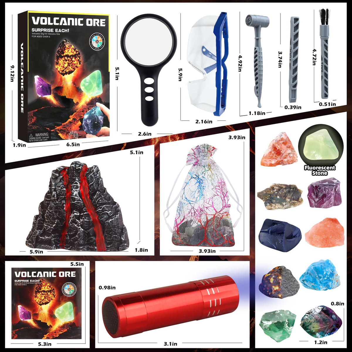 Woumserta Volcano Dig Kit UV flashlight reveals hidden colors
