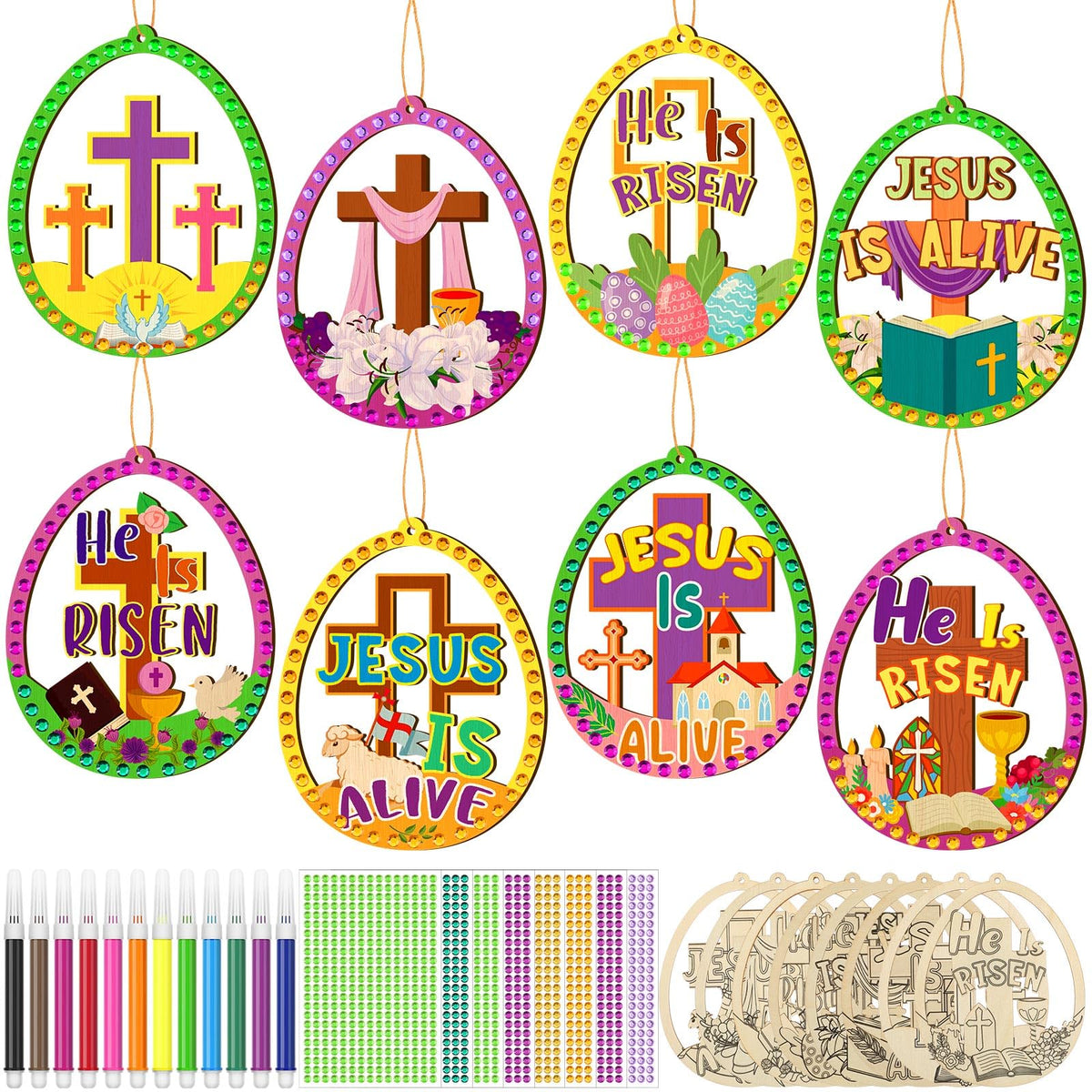 Wovnet Easter egg craft kit: 48 wooden eggs for cross-themed decorations