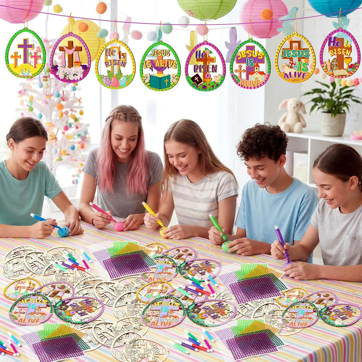 Wovnet pre-printed wooden eggs: display 'He is Risen' messages