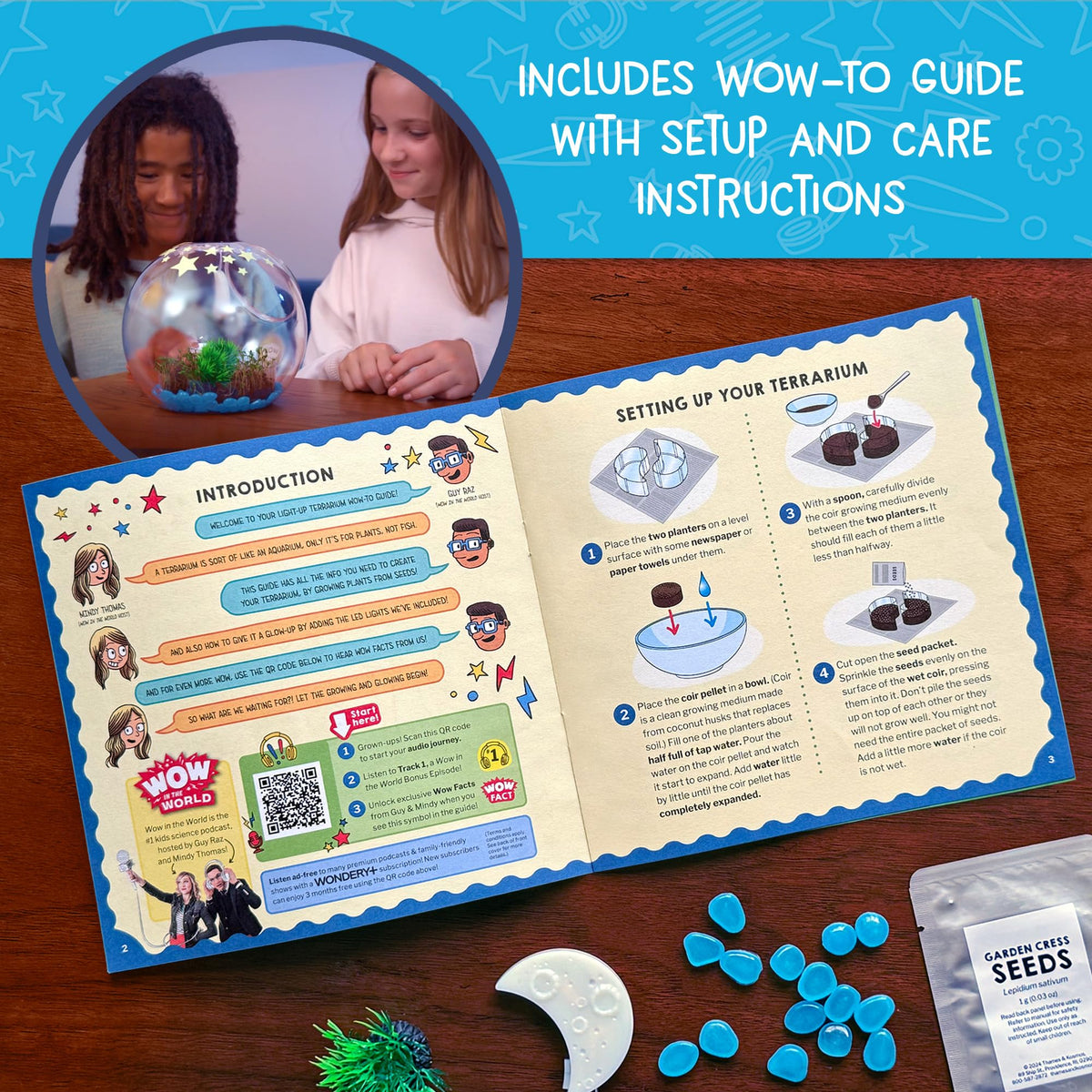 Exclusive audio content from Wow in the World enhances the learning experience.
