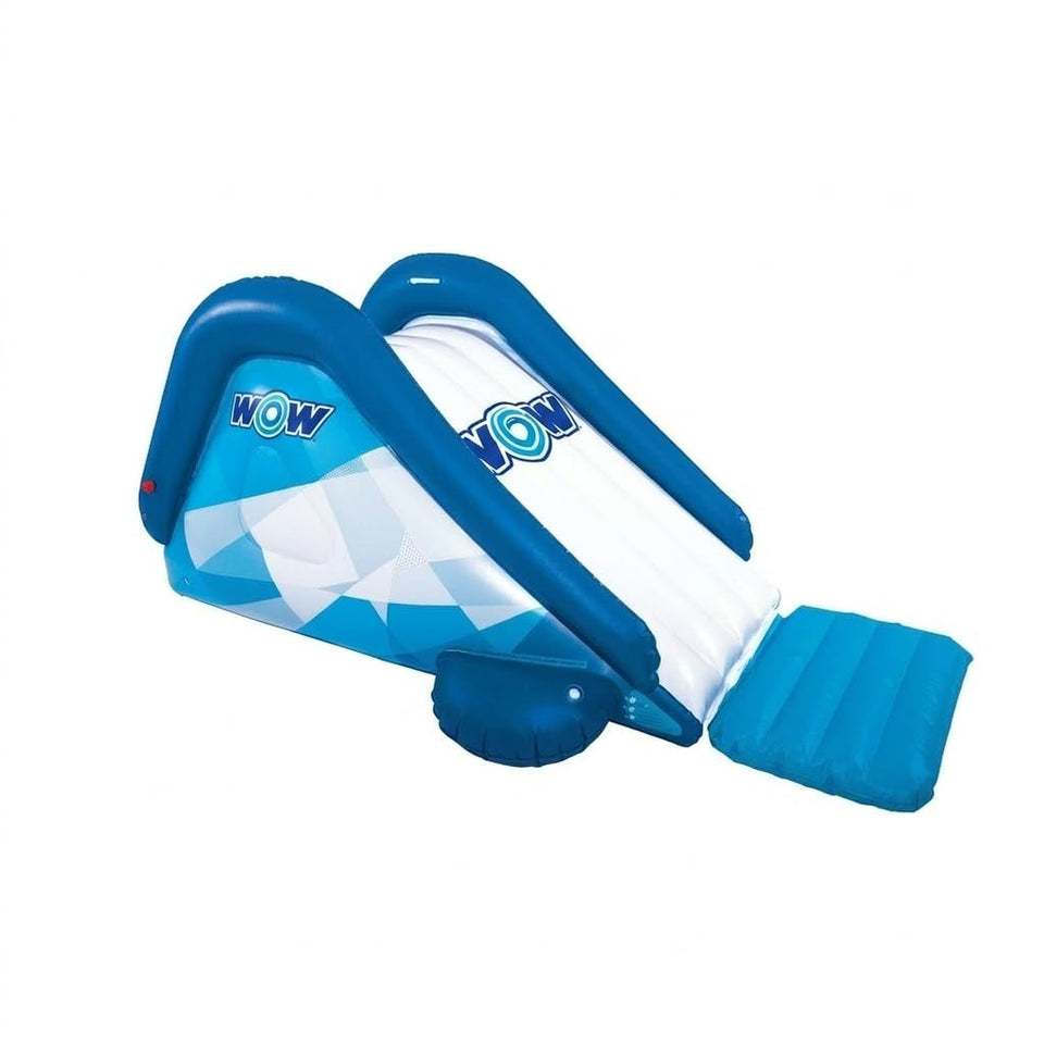 WOW Sports Cascade inflatable pool slide with built-in sprinkler for refreshing backyard fun.