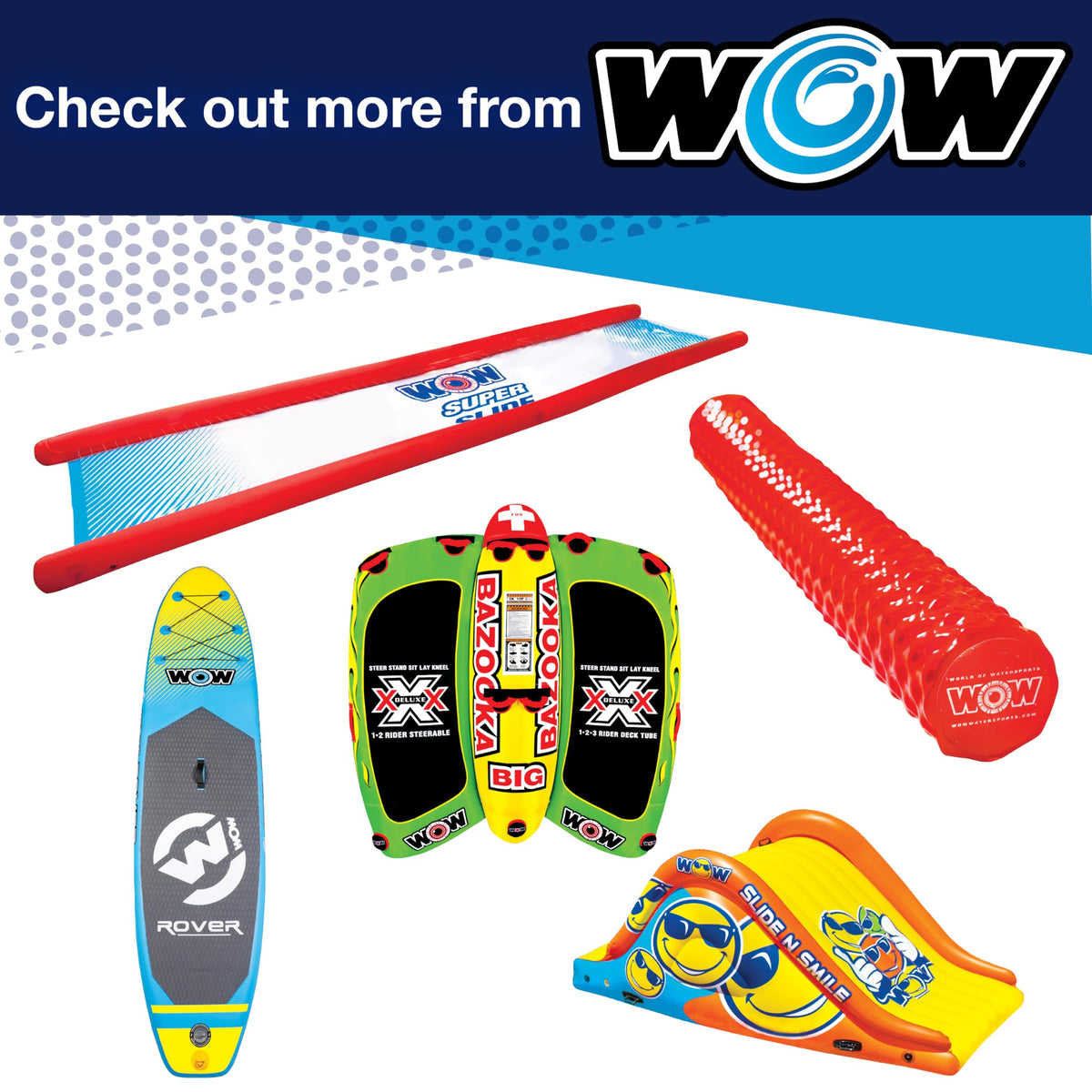 WOW Sports blue noodle with ergonomic texture improves grip and comfort during pool time.