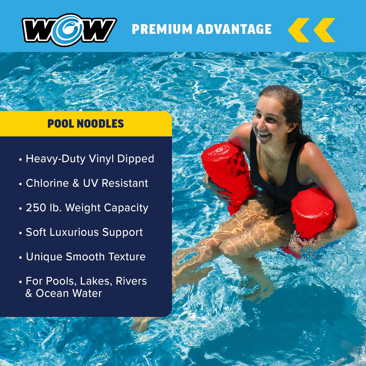 WOW Sports red foam pool noodle stands up to water park wear
