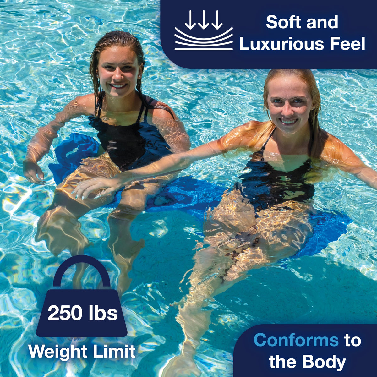 WOW Sports blue vinyl-coated foam noodle shows durable color resistance in sun and chemicals.