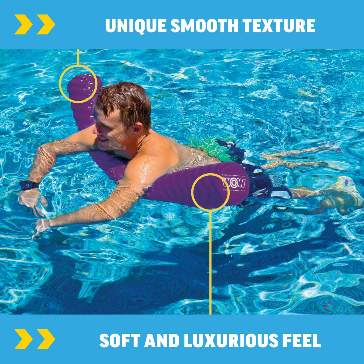 Durable vinyl coating on WOW Sports noodle resists chlorine and UV exposure