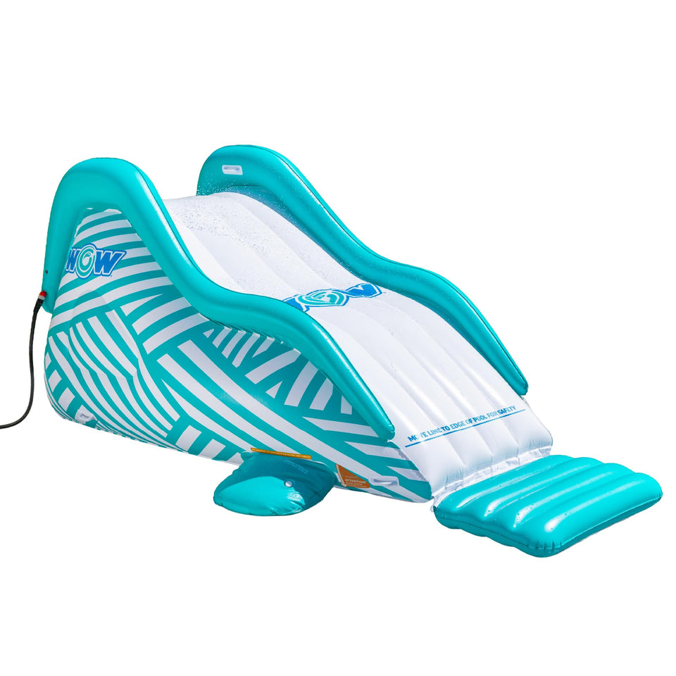 WOW Sports Wiggler inflatable slide assembly shows easy setup and quick storage.