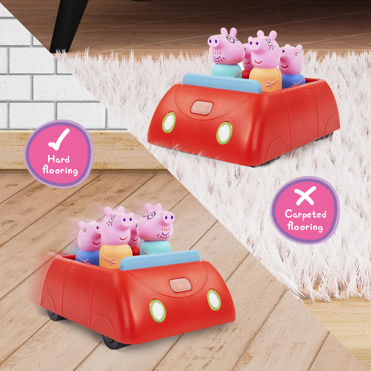 Peppa Pig's Clever Car interior view with seats and character figures for storytelling.
