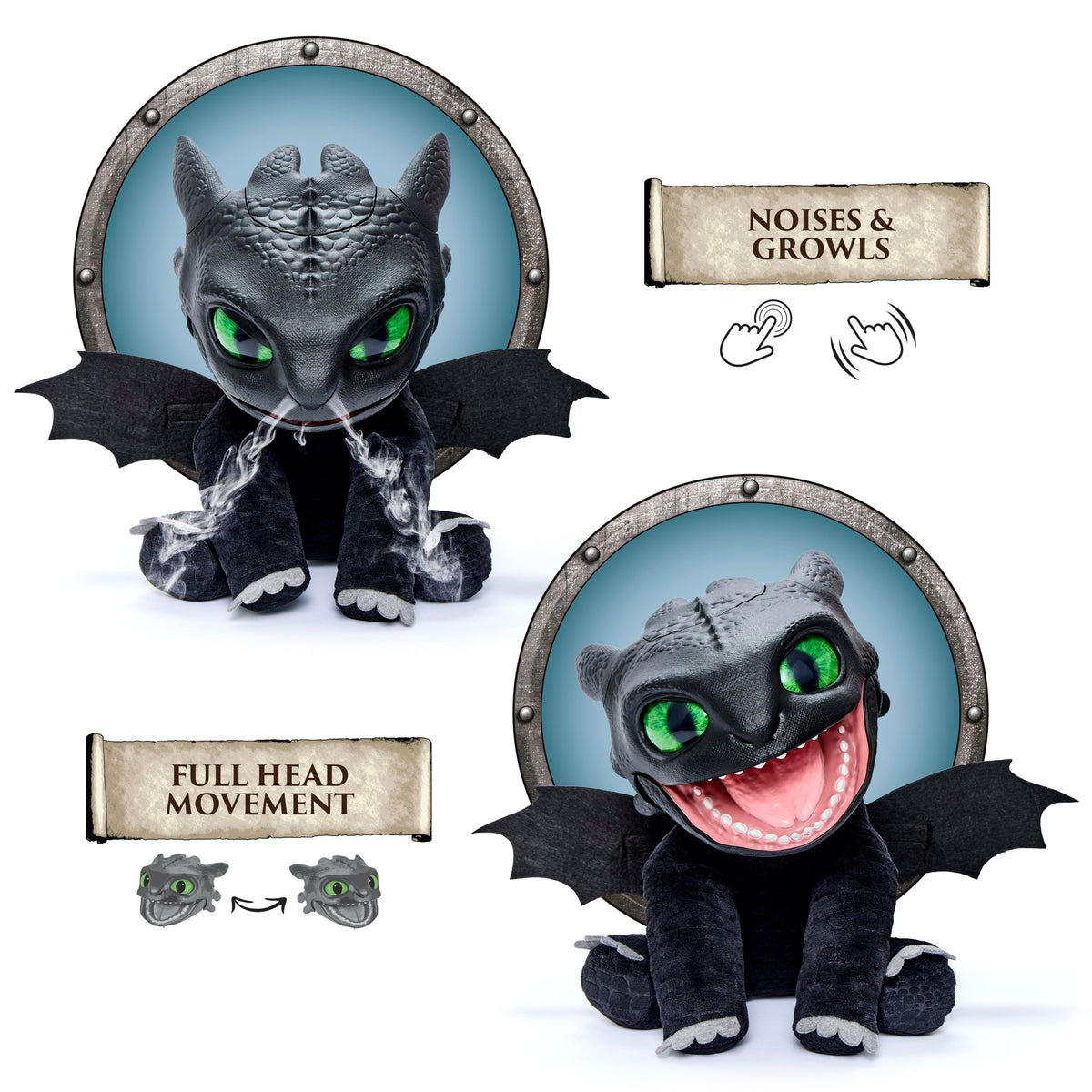 WOW! STUFF Toothless Puppetronic mouth movement captures authentic movie gestures for play.