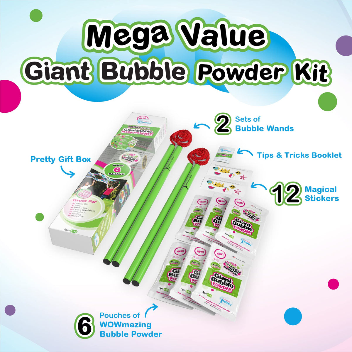 Six packets of WOWmazing Giant Bubble Powder for six gallons of solution