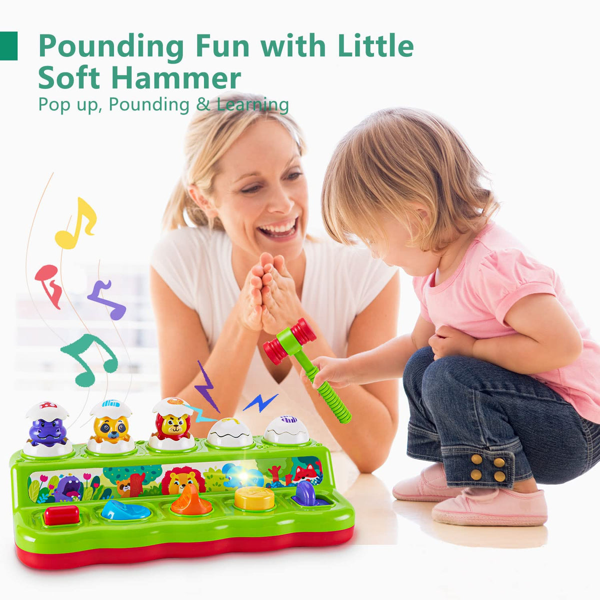 WOWOHAGE Pop Up Pals game mode supports color, number, and animal recognition.