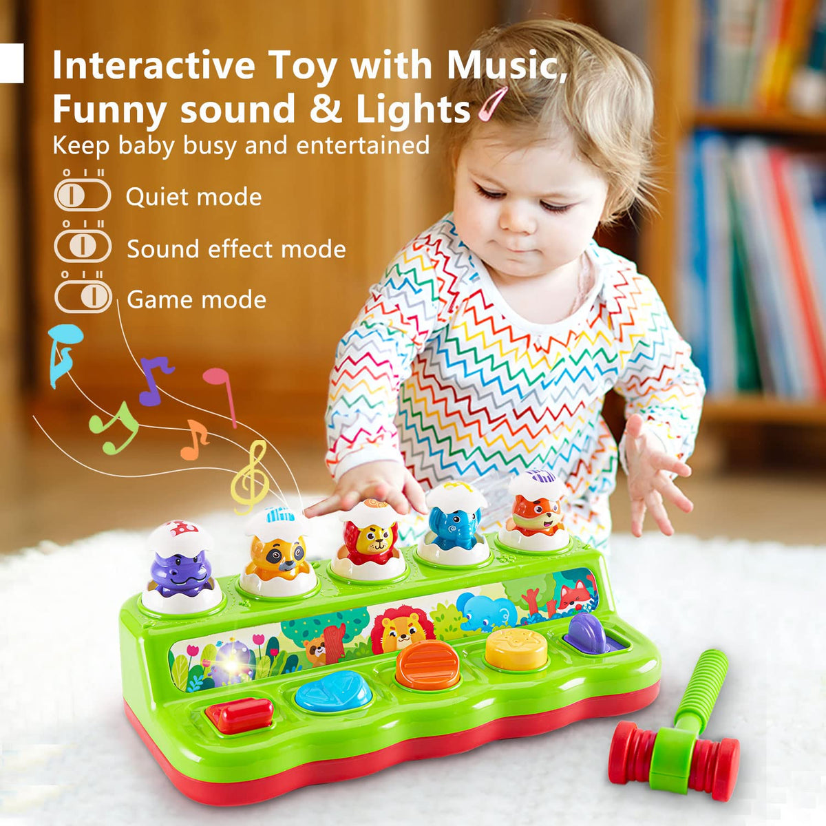 WOWOHAGE Pop Up Pals hammering action strengthens fine motor skills and coordination.