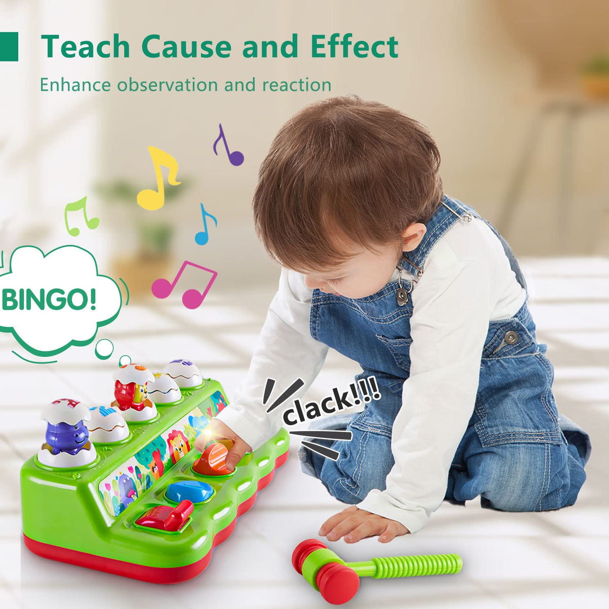 WOWOHAGE Pop Up Pals light and sound effects captivate toddlers during play.