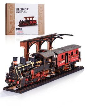 Wowood Steam Train 405-pieces puzzle showing intricate wooden parts for adults