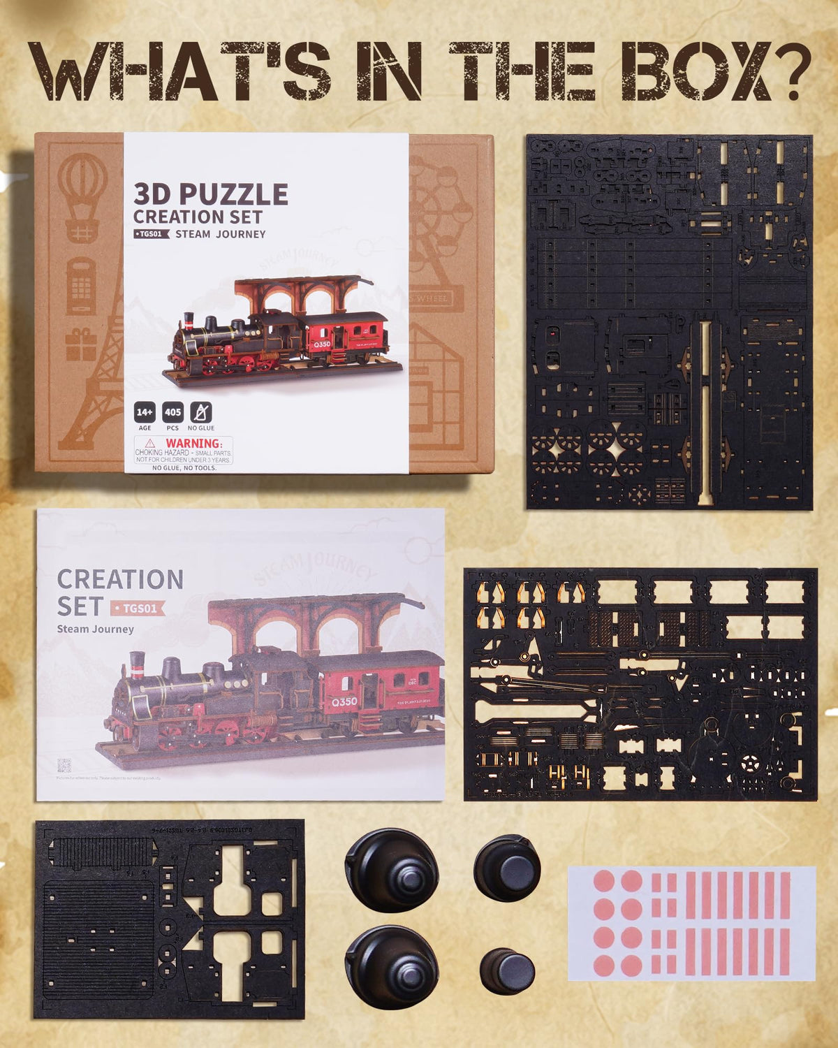 Wowood Steam Train display piece on a shelf showcasing refined craftsmanship