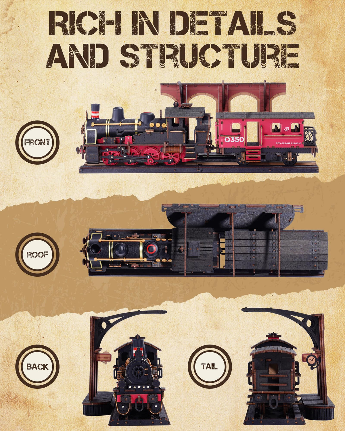 Wowood Steam Train wooden pieces close-up highlighting natural grain and durability
