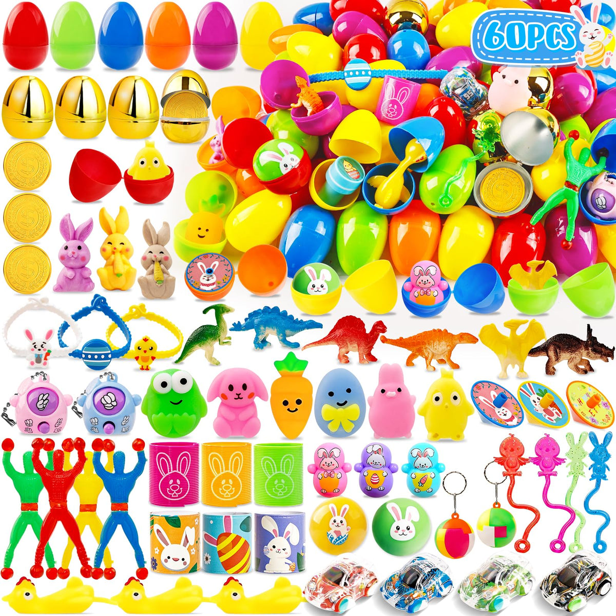 WOWSCAN Easter egg fillers 60-pack with assorted surprises for kids' egg hunts