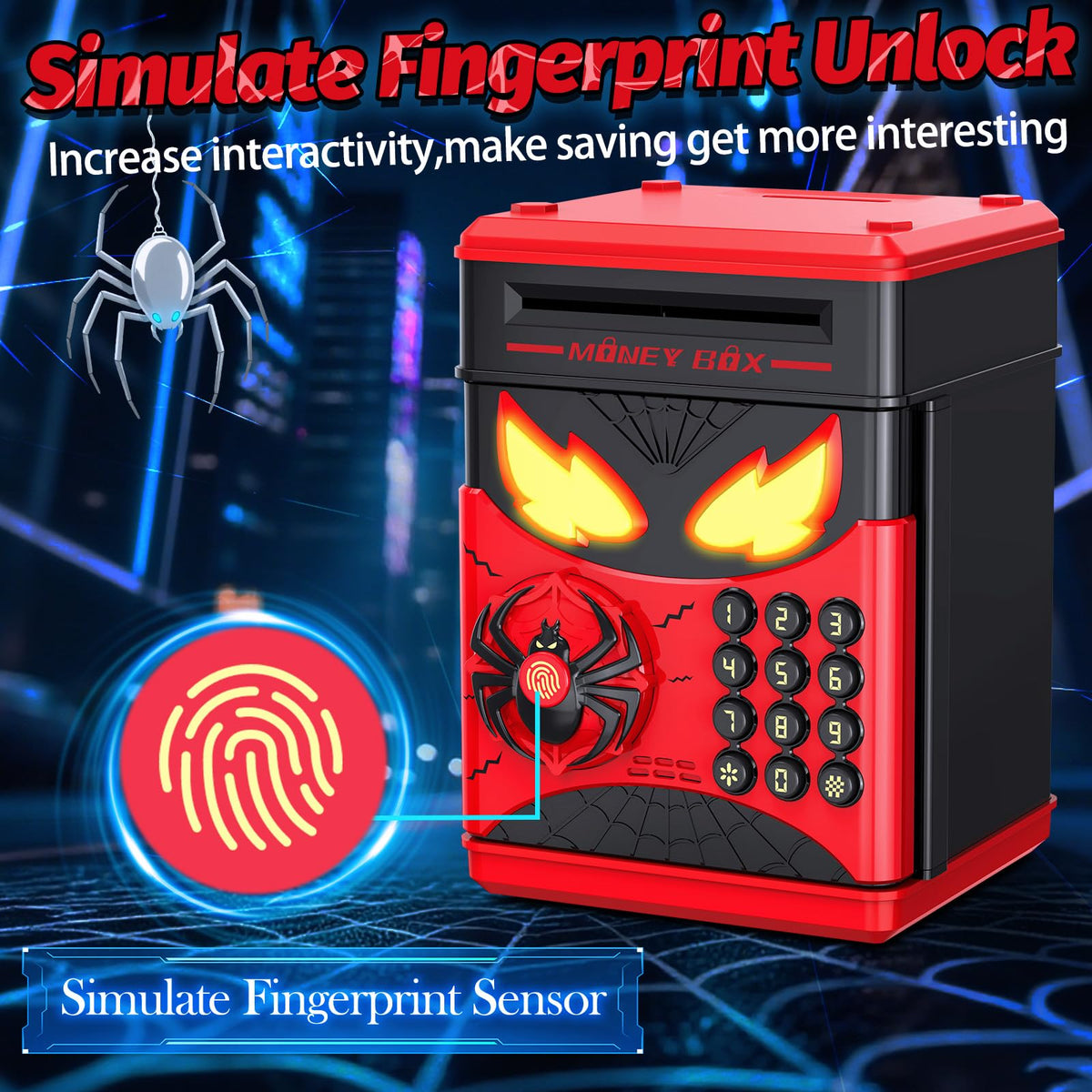 Wrystte Spider Piggy Bank eyes light up to indicate activity and validation
