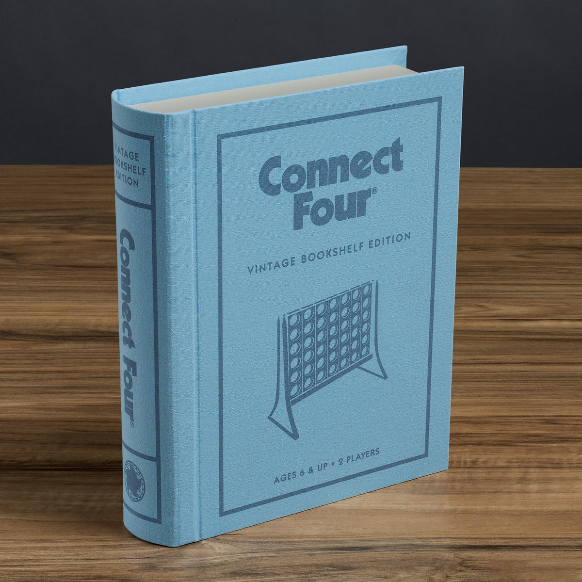 WS Game Company Connect Four Vintage Bookshelf dimensions show portable, compact storage.