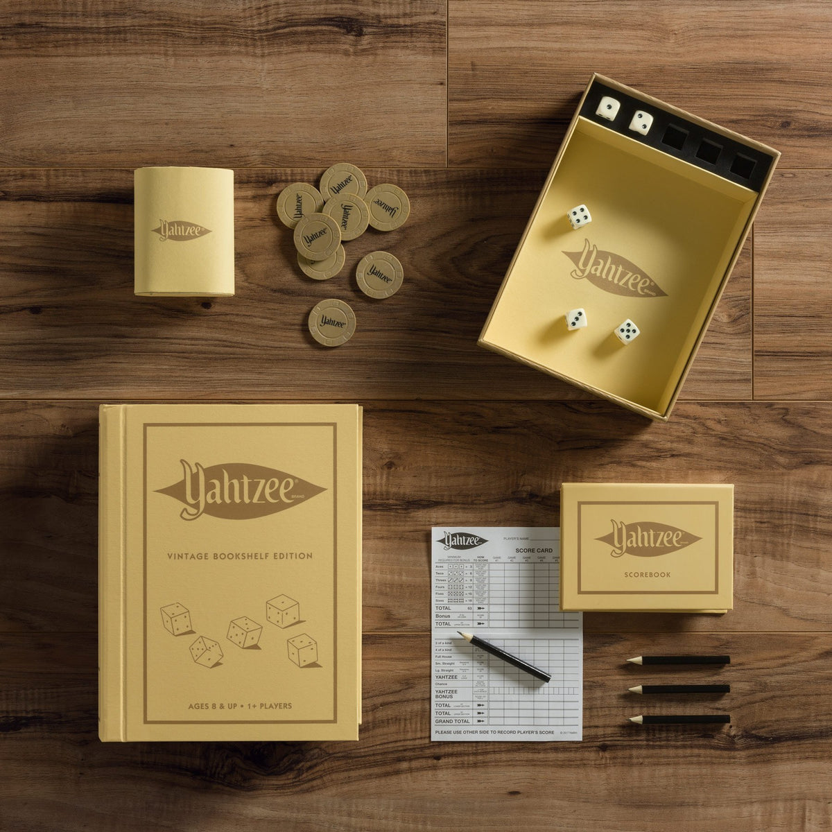 WS Game Company Yahtzee Vintage Bookshelf Edition dice keepers and chips offer tactile luxury