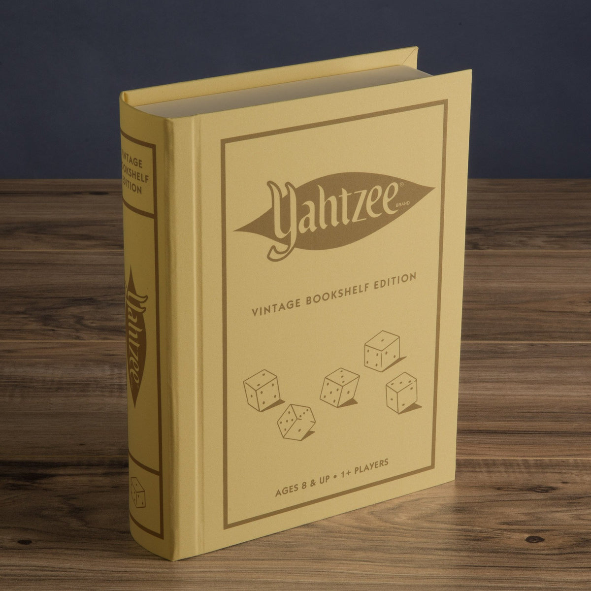 WS Game Company Yahtzee Vintage Bookshelf Edition fabric-wrapped case stores components neatly