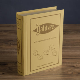 WS Game Company Yahtzee Vintage Bookshelf Edition fabric-wrapped case stores components neatly