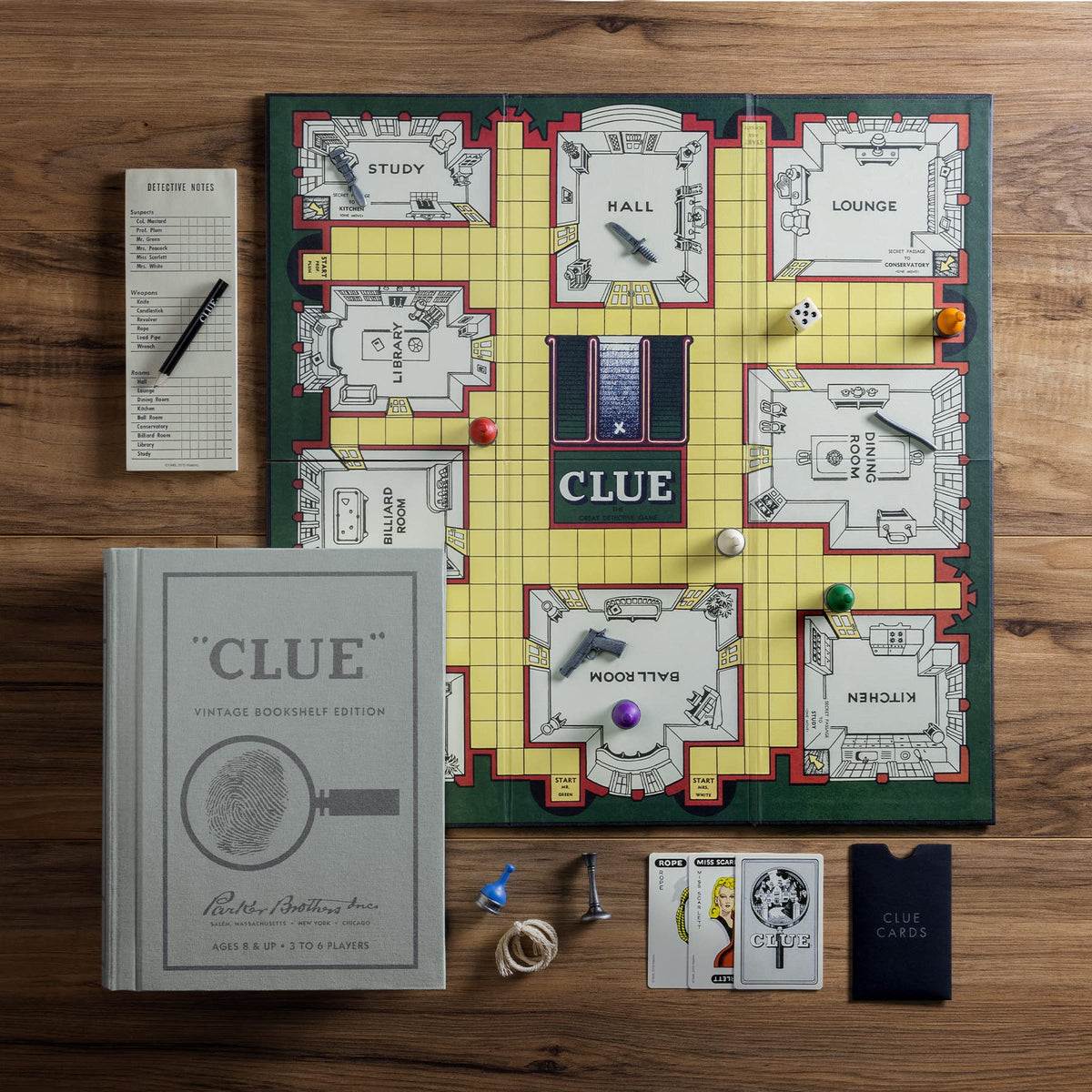WS Game Company Clue Vintage Bookshelf Edition die-cast weapons offer satisfying role-play moments