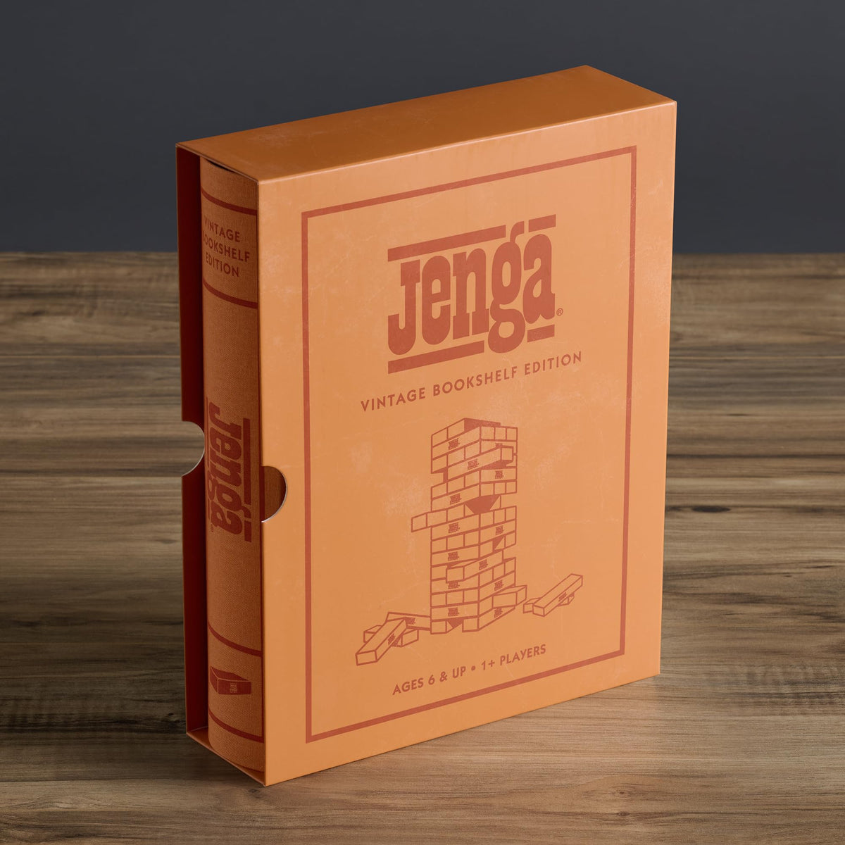 WS Game Company Jenga Vintage Bookshelf Edition 54 hardwood blocks ready for family play.
