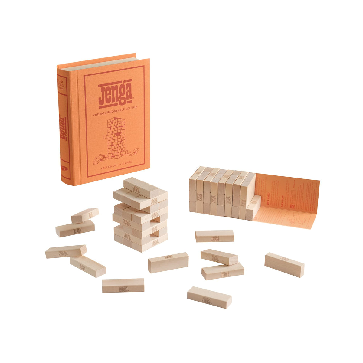 WS Game Company Jenga Vintage Bookshelf Edition compact design saves shelf space.