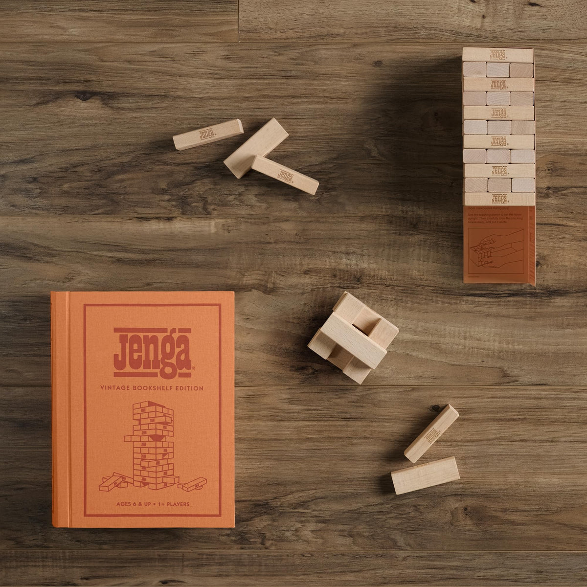 WS Game Company Jenga Vintage Bookshelf Edition slipcase keeps blocks secure between games.