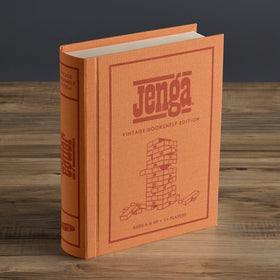 WS Game Company Jenga Vintage Bookshelf Edition stacking sleeve speeds up setup.