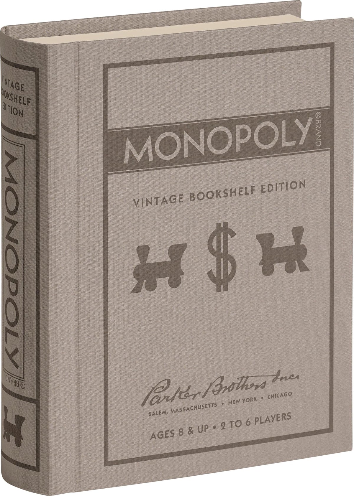 WS Game Company Monopoly vintage bookshelf box displayed on a shelf for space-saving décor