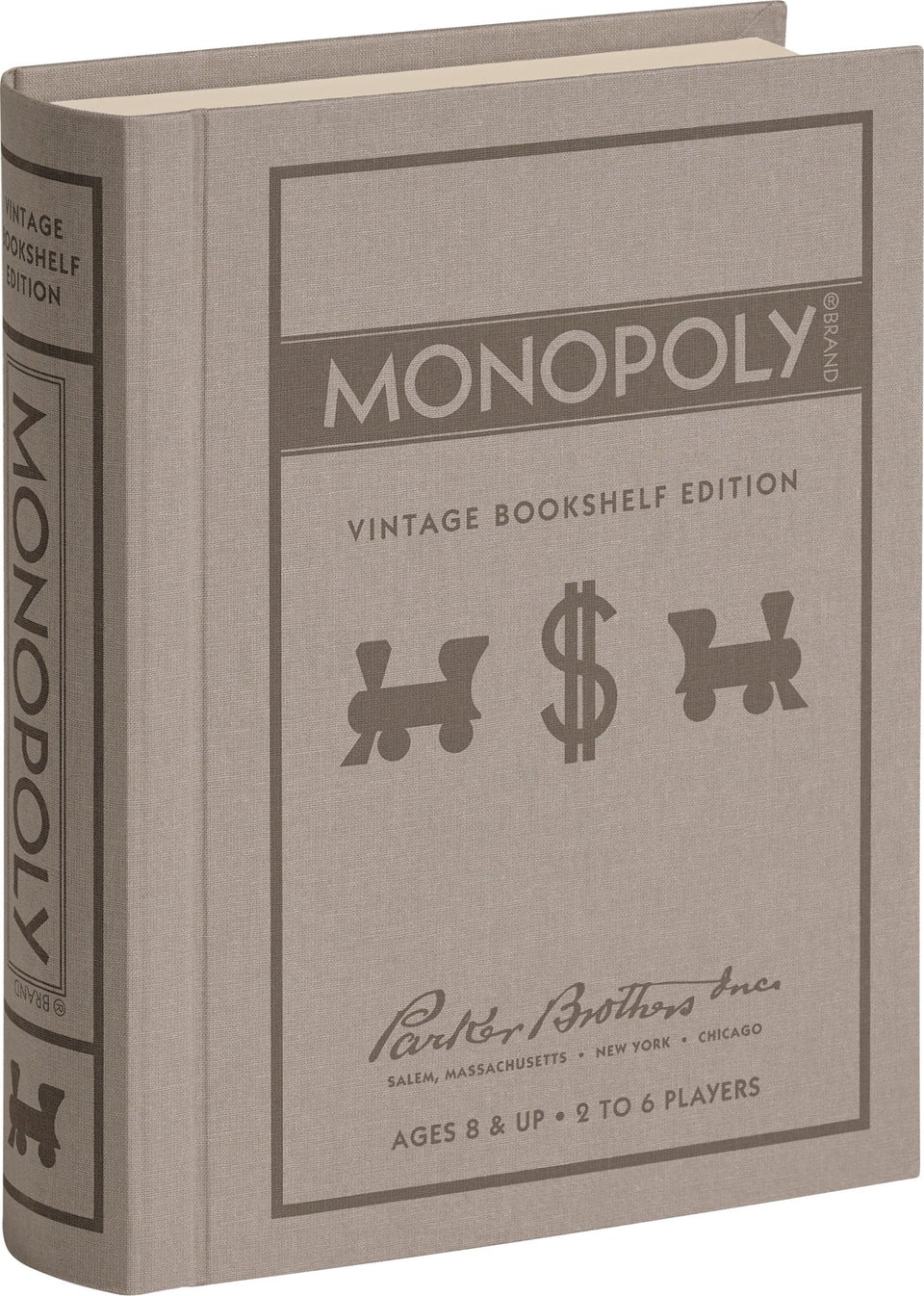 WS Game Company Monopoly vintage bookshelf box displayed on a shelf for space-saving décor