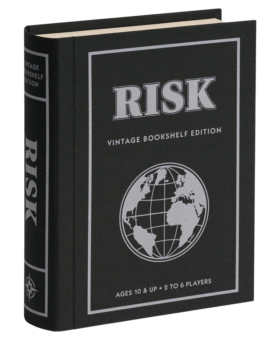 WS Game Company Risk Vintage Bookshelf Edition with linen-wrapped book case for elegant shelf display