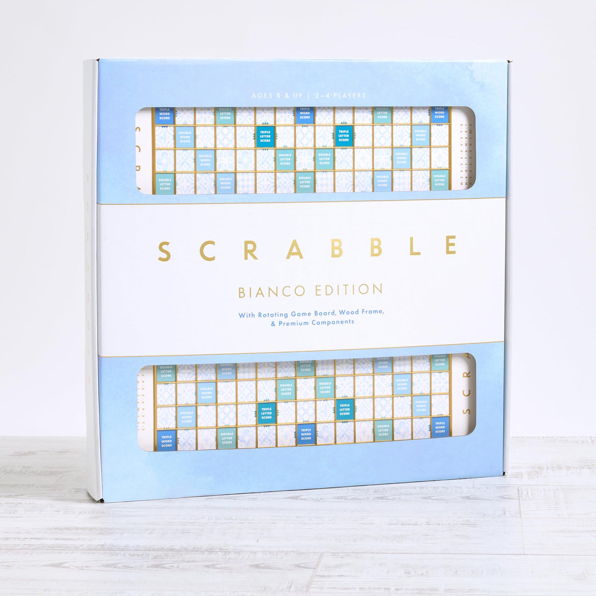 WS Game Company Scrabble Bianco Edition white tiles and racks create cohesive visuals