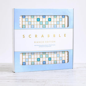 WS Game Company Scrabble Bianco Edition white tiles and racks create cohesive visuals