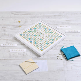 WS Game Company Scrabble Bianco Edition wood-framed board offers durable, long-lasting play