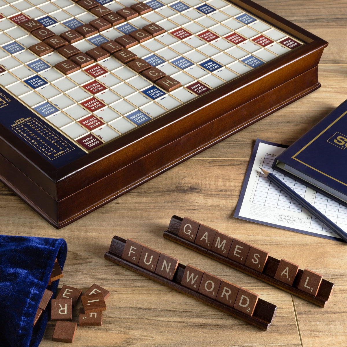 WS Game Company Scrabble Deluxe hidden storage keeps components organized between rounds.