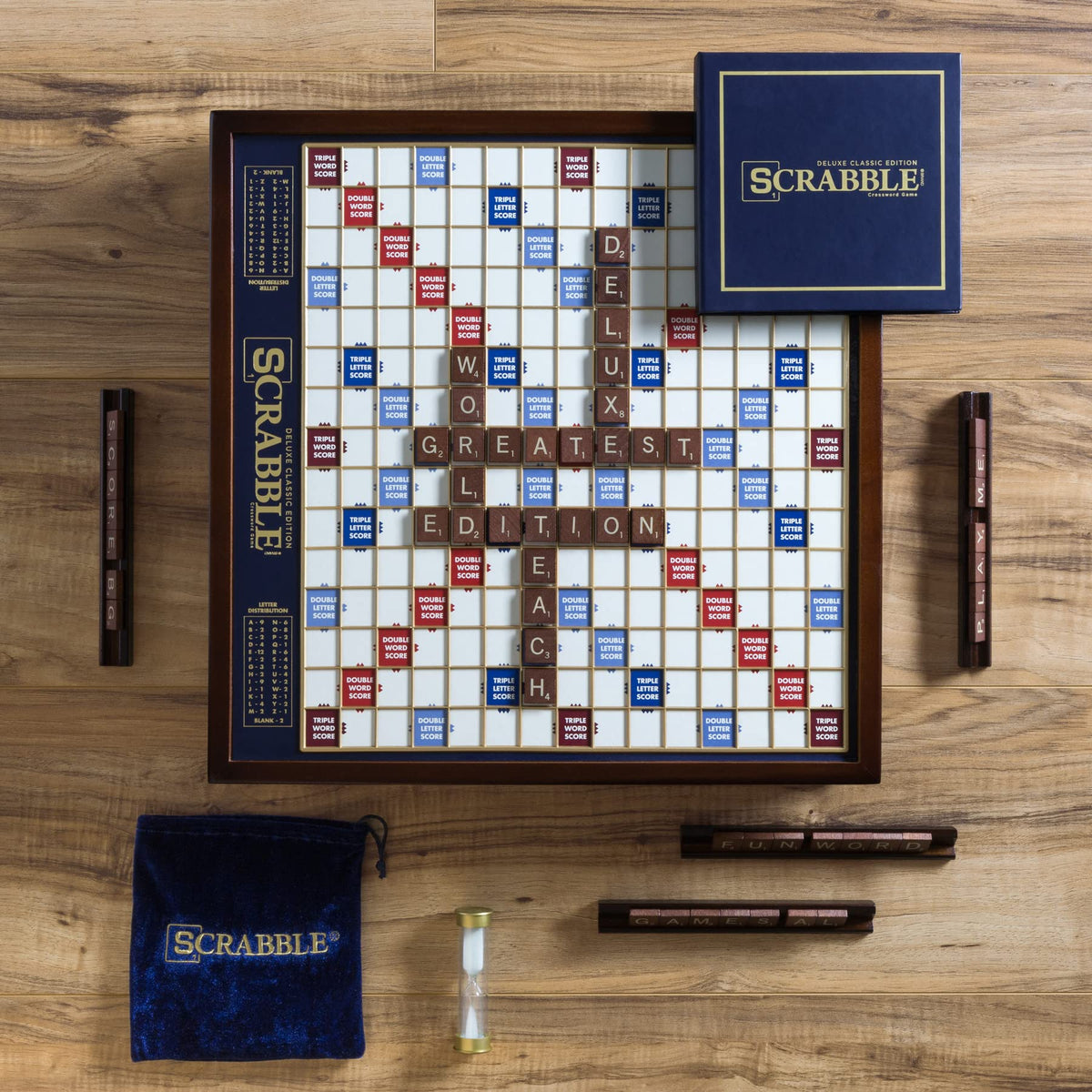 WS Game Company Scrabble Deluxe mahogany finish cabinet adds stylish storage and centerpiece.