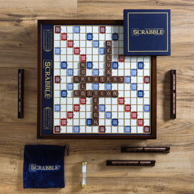WS Game Company Scrabble Deluxe mahogany finish cabinet adds stylish storage and centerpiece.