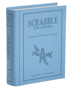WS Game Company Scrabble Juniors vintage bookshelf edition box on a shelf keeps components neatly on display.