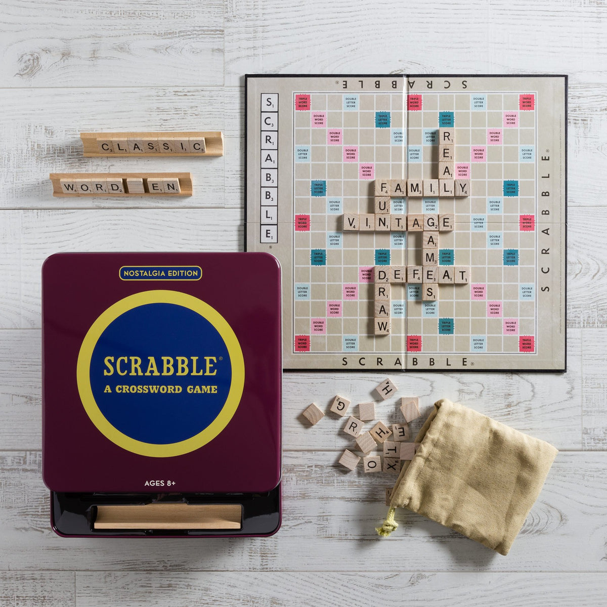 WS Game Company Scrabble Nostalgia Edition full-sized gameboard for authentic play.