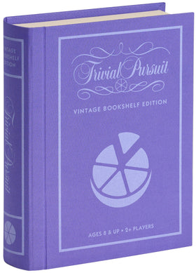 WS Game Company Trivial Pursuit Vintage Bookshelf Edition display on a shelf, blending trivia with decor