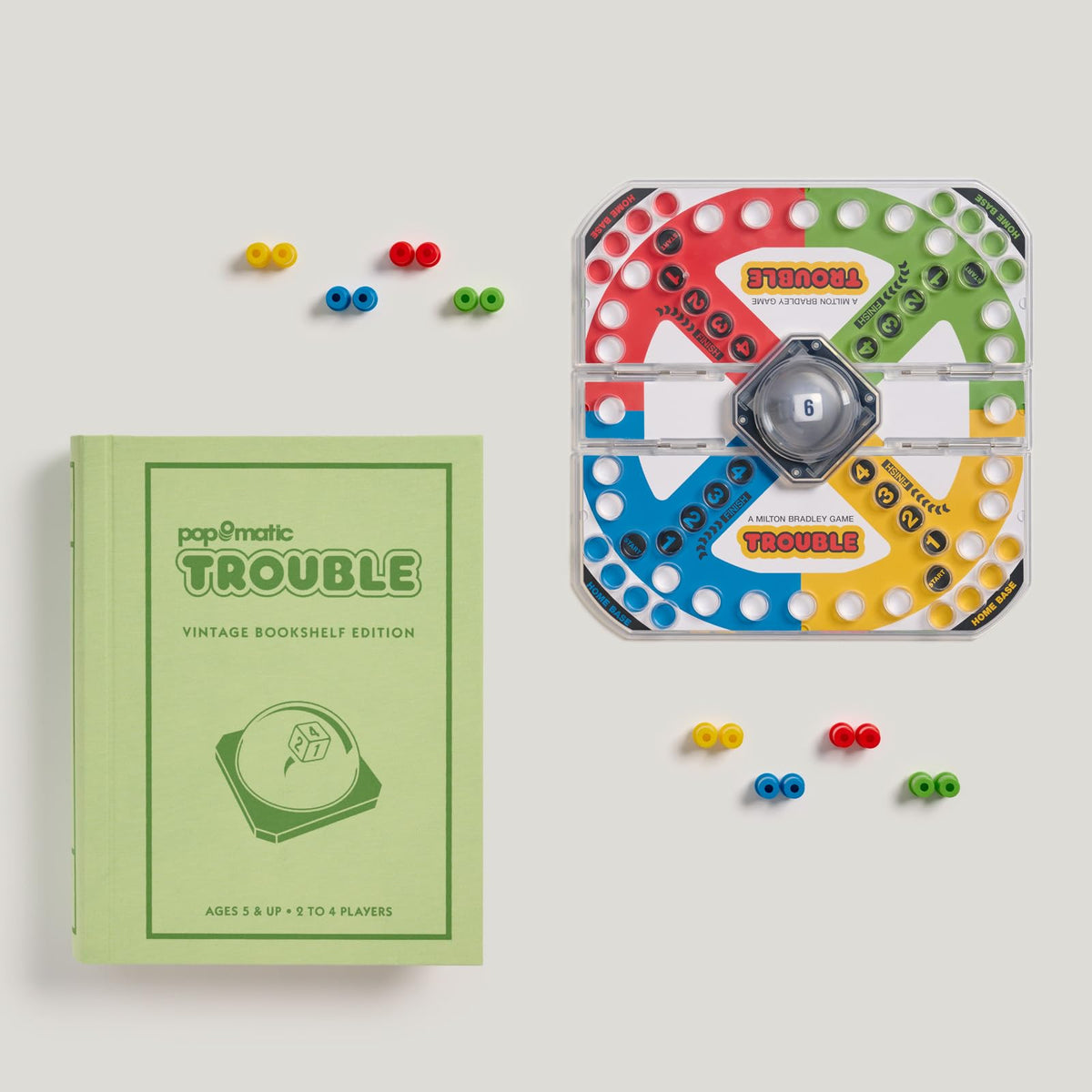 WS Game Company Trouble folding board components highlighting the folding board and Pop-O-Matic