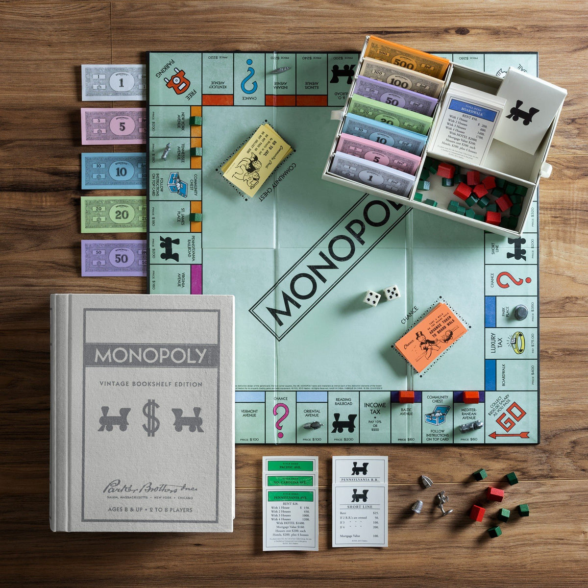 WS Game Company Vintage Bookshelf Monopoly board supports nostalgic social play