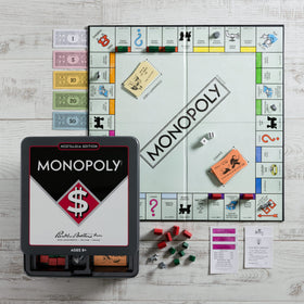 Monopoly Nostalgia tin featuring banker tray for organizing money and deeds